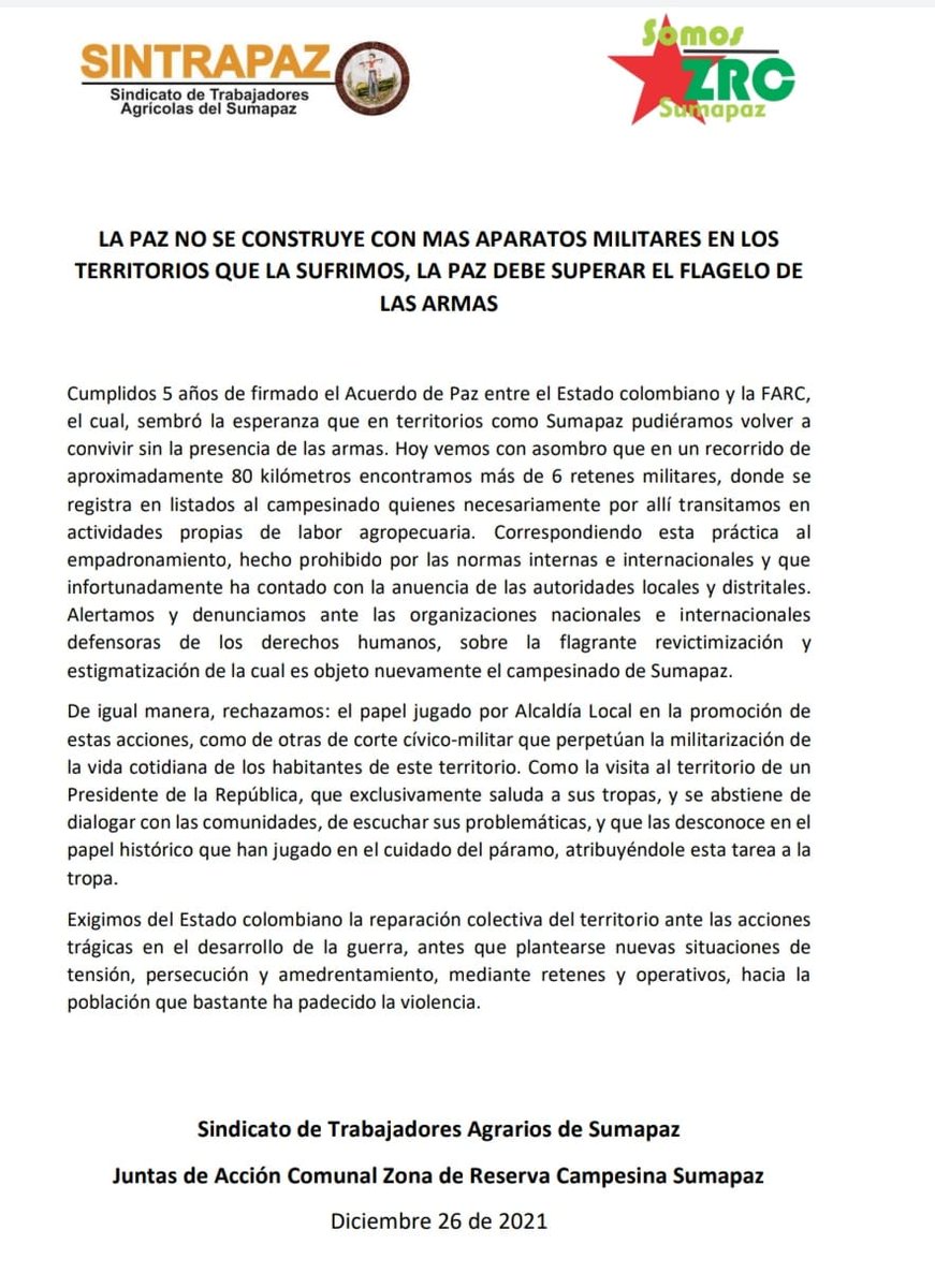 Sintrapaz1's tweet photo. Ante la militarización del territorio
@DefensoriaCol @personeriabta @CPDHColombia @Ccajar https://t.co/zHJU4gHhGJ