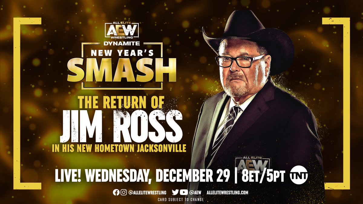 Only 2 days to New Year’s Smash, the last #AEWDynamite ever on TNT; perfect to wrap with our biggest <a href="/dailysplace/">Daily's Place</a> tv crowd yet &amp; <a href="/JRsBBQ/">Jim Ross</a>’s return! There will be GREAT wrestling + SURREAL scenes when some of the biggest names in the wrestling enter Daily’s Place for their 1st time