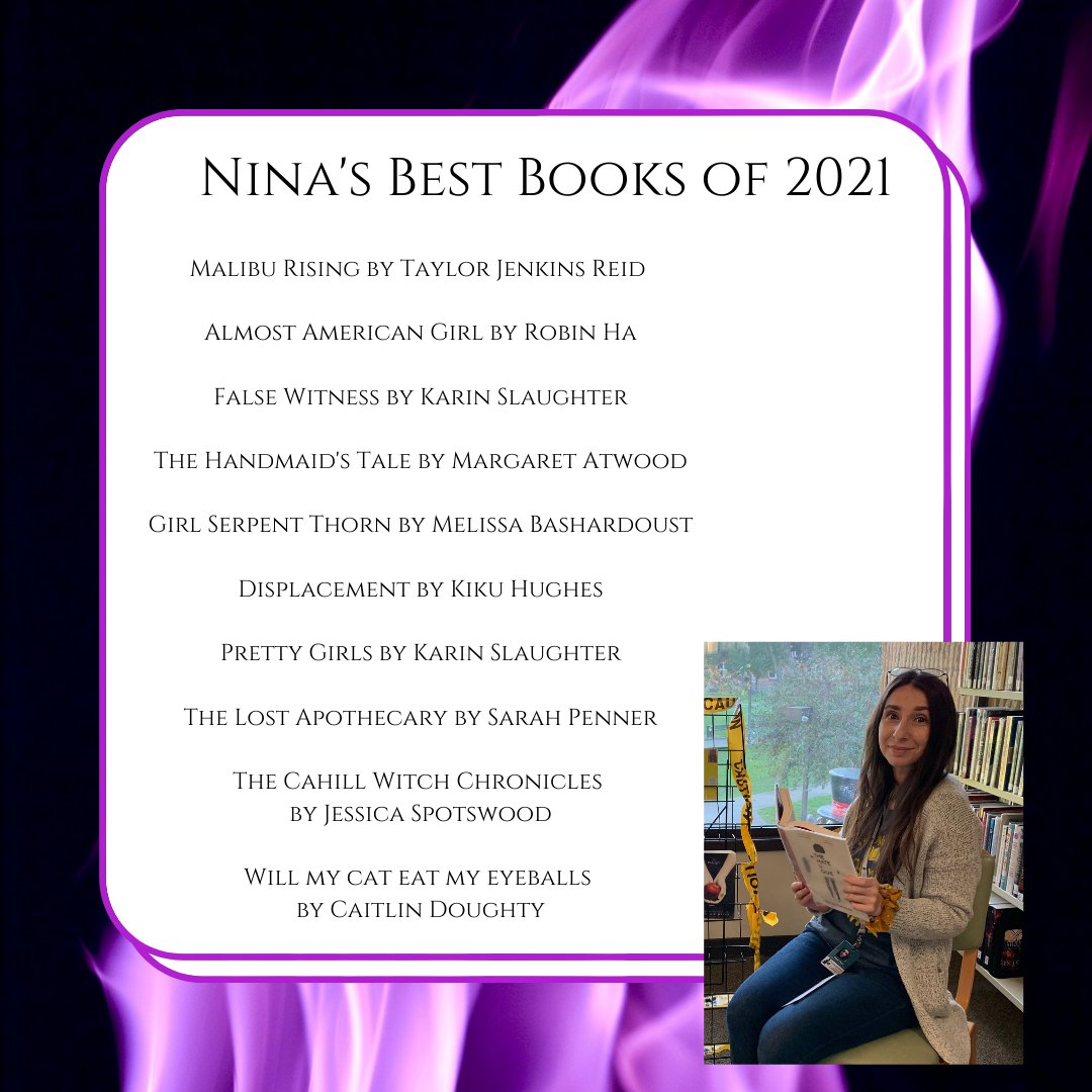 As the year comes to an end, we asked staff what their favorite books of the year were. 
What were your favorite books of the year? Have you read any on Nina's list?

#bestbooksof2021 #librarian #bookworm #bookish #books
