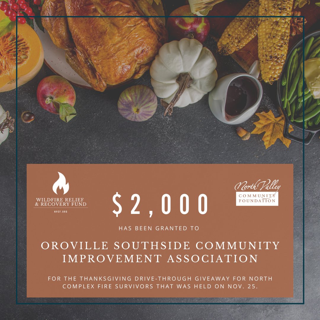 NVCF's tweet photo. Our Wildfire Relief and Recovery Fund granted $2,000 to the Oroville Southside Community Improvement Association for its Thanksgiving drive-through event for North Complex Fire survivors. #NorthComplex #DisasterResponse #community #Philanthropy #NVCF https://t.co/LJHMQMafSG