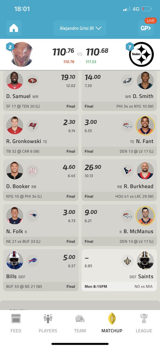 alejandrogrisi's tweet photo. @NFLFantasy 0 points from Saints Def https://t.co/RH900d6wPm