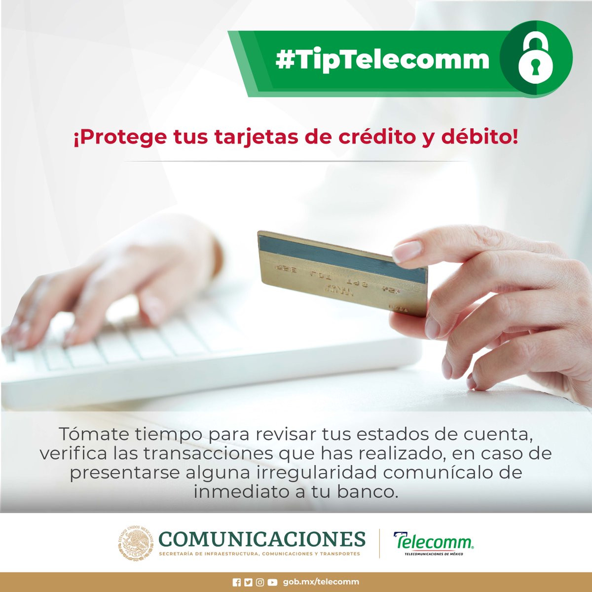 FinabienMex's tweet photo. #TipTelecomm
Revisa tus estados de cuenta y protege tus tarjetas de crédito y débito. https://t.co/I6fVlIHqNn