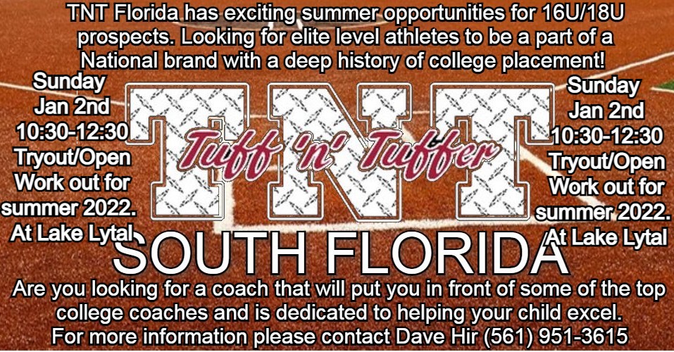 TnTFloridaPB's tweet photo. Sunday JAN 2nd from 10:30 to 12:30 Tryout/Open Work out at Lake Lytal.  TNT Florida has excited summer opportunities for 16U/18U prospects.  Call Coach Dave Hir for more information 561-951-3615 https://t.co/C6mQOPQUAF