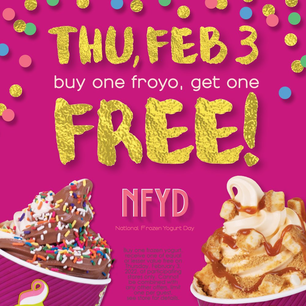 MyMenchies's tweet photo. Menchie’s is celebrating National Frozen Yogurt Day on Thurs, Feb 3rd, offering Buy One Froyo, Get One FREE all day!!! Bring your best friend to Menchie’s on Feb 3rd and together let’s celebrate our favorite day of the year! 🥳🎉 #Menchies #FrozenYogurt #Froyo #NFYD #Celebration https://t.co/F3cSwWdYwN