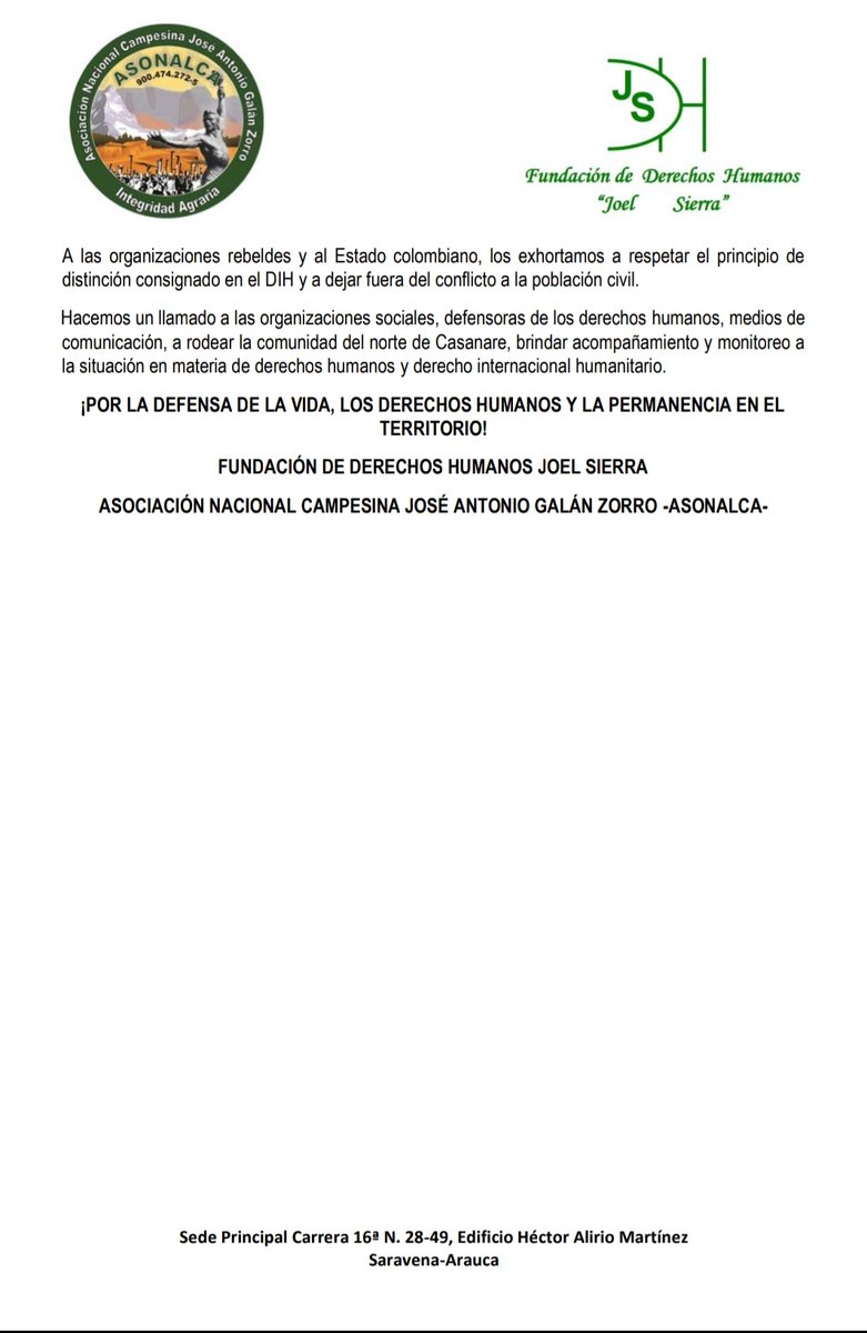 Asonalca_'s tweet photo. Denuncia pública de Asonalca y @fdhjoelsierra. Masacre en #Sácama #Casanare. Fueron asesinado 3 campesinos en la vereda Sabanalarga. https://t.co/VjYXla9ZjF https://t.co/zi6UFKbCMT