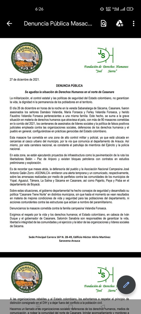 Asonalca_'s tweet photo. Denuncia pública de Asonalca y @fdhjoelsierra. Masacre en #Sácama #Casanare. Fueron asesinado 3 campesinos en la vereda Sabanalarga. https://t.co/VjYXla9ZjF https://t.co/zi6UFKbCMT