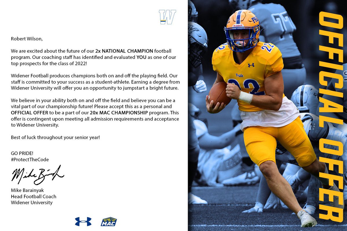 RobertWilson_8's tweet photo. Excited to announce that I RECEIVED my 1st COLLEGE OFFER from @Widener_FB‼️🦁

Thank you @CoachFerst5 for the opportunity to play Quarterback at the next level and my QB Trainer @baylintrujillo for making this happen! #BTruQBTraining @OS_ChrisHays @WidenerUniv @WidenerSports https://t.co/LgWxAt0WTu