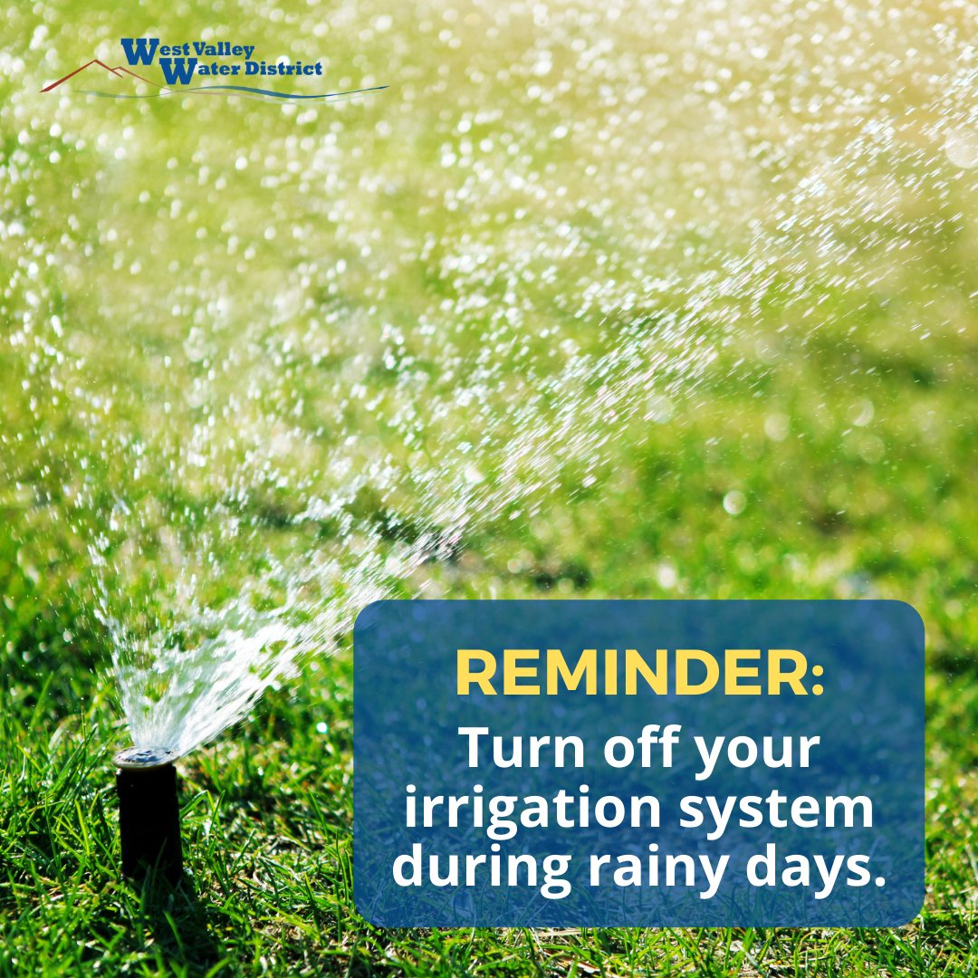 MyWVWD's tweet photo. Don't forget to turn off your irrigation system during rainy days. 🌧️🏡Checking to make sure your irrigation system is off will save you gallons of water and a lot of money. #CAWater #WVWD #WeAreCAWater #WinterSchedule #Rainydays #SafeWater #WaterSavingTips #WaterSaving https://t.co/0NQS8YEgc8
