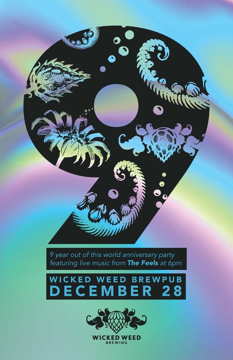 wickedweedbeer's tweet photo. Join us at our Brewpub (91 Biltmore Ave) tomorrow, December 28th, to celebrate nine years with us! The festivities begin at 6 pm with musical guests "The Feels," kicking the party off! #CheersToNineYears #9YearAnniversary #WickedWeedBrewing #DrinkDifferent https://t.co/w0OEMQg2j8