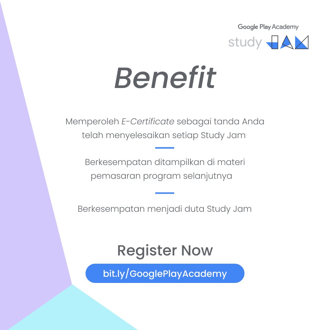 Ikuti program pelatihan bersama Google Play trainers melalui kelas online &amp; diskusi interaktif di bulan Januari - Februari 2022.

Membahas berbagai strategi dan branding di Google Play Store

Daftar segera! [FREE &amp; Limited Seats]
▶️bit.ly/GooglePlayAcad…