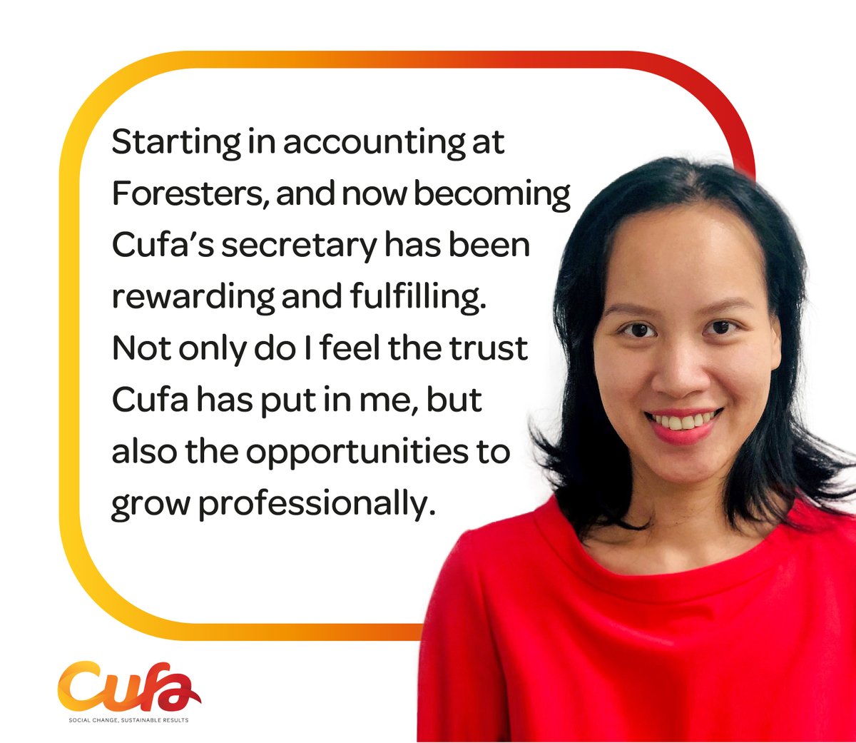 Meet Jessie Tran, our amazing Secretary and Foresters Community Finance Accountant. Jessie's strong accounting skills and passion have made a great difference at Cufa.

Thank you for always being there for Cufa Jessie!