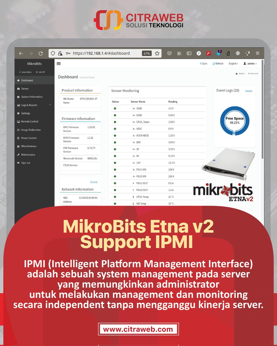 mikrotik_id's tweet photo. IPMI (Intelligent Platform Management Interface) adalah sebuah system management pada server yang memungkinkan administrator untuk melakukan management dan monitoring secara independen tanpa menggangu kinerja server.

#IPMI #RemoteServer #ETNA #NetworkManager #Mikrobits #Citraweb https://t.co/MkUR85IZUL
