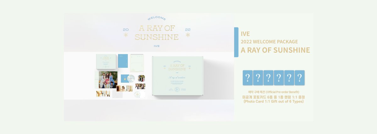 SoundContents's tweet image. #IVE #아이브
IVE 2022 WECOME PACKAGE
&amp;lt;A RAY OF SUNSHINE&amp;gt;

🗓️판매기간
12/28(화) 16:00(KST) -

📦배송일정
1/27(목) 이후 순차 발송 예정

🎁사운드컨텐츠 단독
미공개 포토카드 6종 중 1종 랜덤 증정

🇰🇷 soundcontents.com
🌐 global.soundcontents.com

@IVEstarship 
#ELEVEN #IVE_ELEVEN