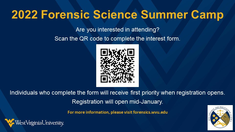 RogerJefferys's tweet photo. Interesting in attending our forensic science summer camp? It is open to high school students. #summercamp #camp #forensicscience #forensiccamp #highschool #educational #wvu #forensicsciencecamp https://t.co/4IXQOyLL9Z