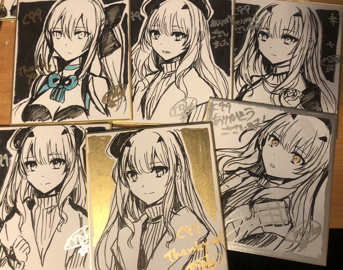 気に入ってるのはこちら。メリュちゃん色紙に描きやすいので多いですね!一発書きなので、顔が色々あるのはご愛嬌で…(絵は選べません) 