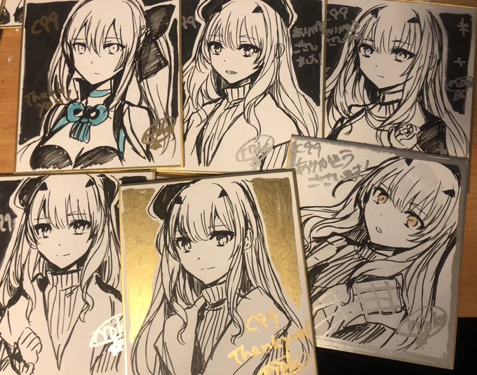 気に入ってるのはこちら。メリュちゃん色紙に描きやすいので多いですね!一発書きなので、顔が色々あるのはご愛嬌で…(絵は選べません) 