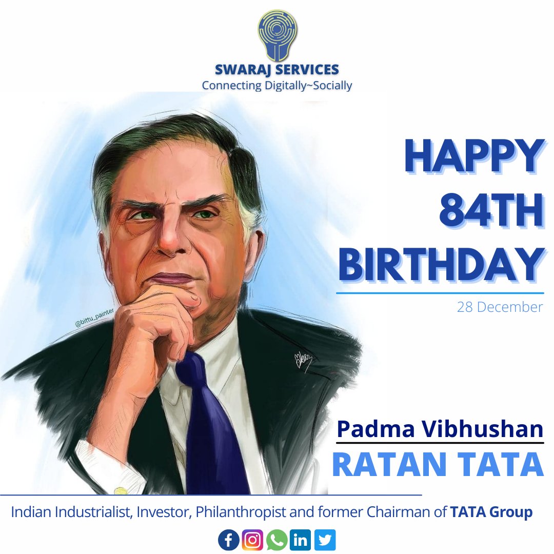 ServicesSwaraj's tweet photo. True man with golden heart and the most absolute inspiration to all 'Mr. Ratan Tata', Wishing you Happy Birthday Sir. @TataCompanies
@tatatrusts
#happybirthday #ratantata #tata #ratantataturns84 #28december #swarajservices #digitalmarketing #nashik #swaraj_services https://t.co/U65fuDiZGW