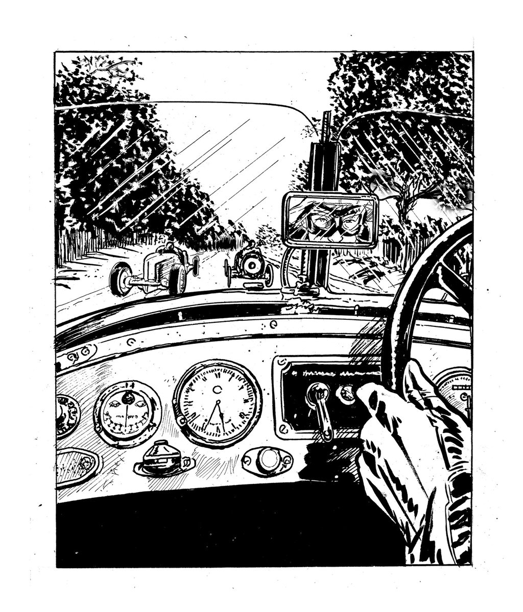 Vintage race cars—Pen and ink 🖊 Comic panel, from The Tommy Gun Dolls Vol prequel comic book.
#graphicnovel #1920s #racecardriver #vintageracer #boardtrackracer #penandink #linedrawing #pendrawing #comics #portrait #lineart #inkbrush #pen #rotring #brushpen