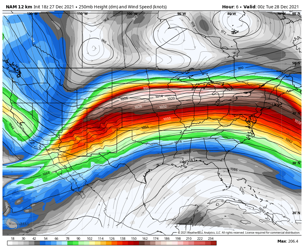 NbergWX's tweet photo. Had to share this especially after personally flying today and talking with United Captain in Chicago.

The jet stream at 250mb (34,000 feet) is absolutely ripping fast tonight. Pushing >205 knots (235+ MPH) in the Great Lakes.

Filtered on left are only planes traveling 700+MPH. https://t.co/BSL5DP0Vk0