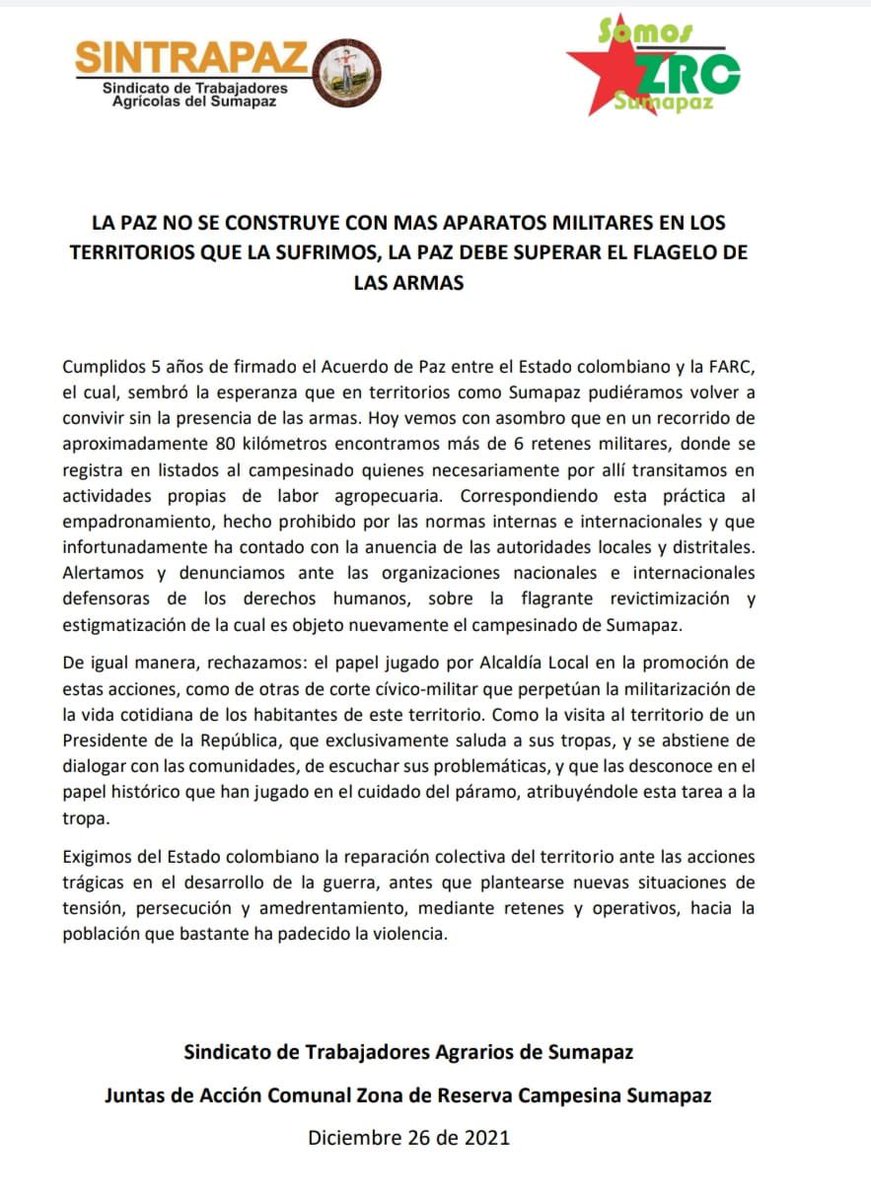 heidy_up's tweet photo. Lamentable que a 5 años de firmado el acuerdo de paz se mantenga la militarización en la localidad del Sumapaz, retenes, requisas y acciones de empadronamiento por parte de @COL_EJERCITO contra el campesinado. 

Pedimos que la @personeriabta pueda intervenir en esta situación. https://t.co/tPseUf4p69