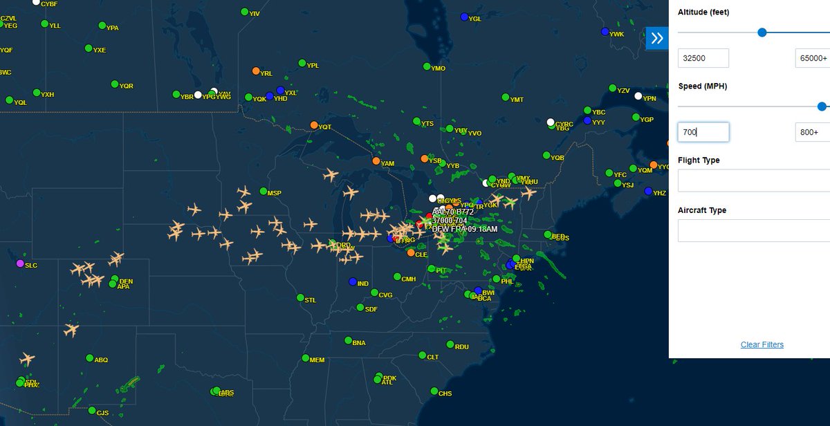 NbergWX's tweet photo. Had to share this especially after personally flying today and talking with United Captain in Chicago.

The jet stream at 250mb (34,000 feet) is absolutely ripping fast tonight. Pushing >205 knots (235+ MPH) in the Great Lakes.

Filtered on left are only planes traveling 700+MPH. https://t.co/BSL5DP0Vk0