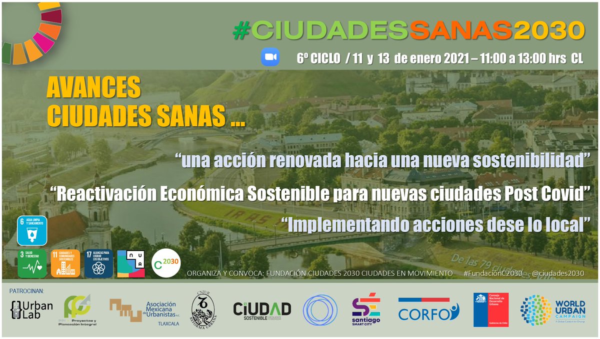 ¡Te saludamos desde el #GranConcepción 🇨🇱 !

Con una invitación a avanzar al 6° Ciclo #CiudadesSanas2030 promoviendo acciones y compromisos para una reactivación urbana, económica y sostenible.

Inscripciones: tinyurl.com/2p8hnabb
11 y 13 / Enero 2022

Invita:
#FundaciónC2030