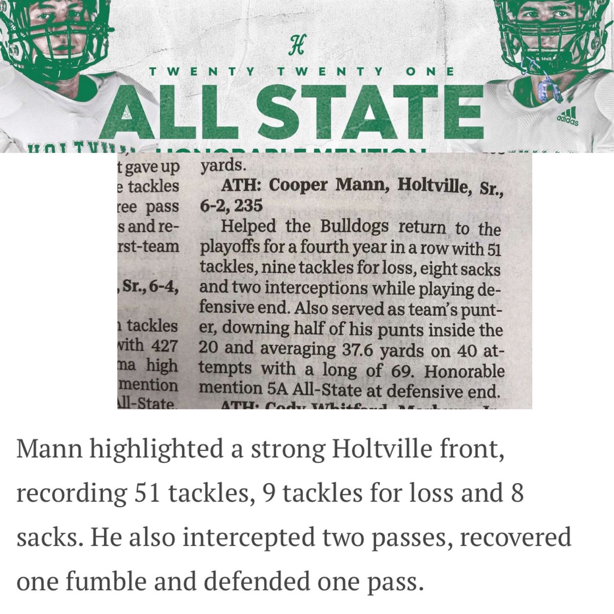 CooperMann11's tweet photo. Blessed to be chosen for the All State, All County, and All Metro teams! @HoltvilleFB https://t.co/uSnw3aBKd4