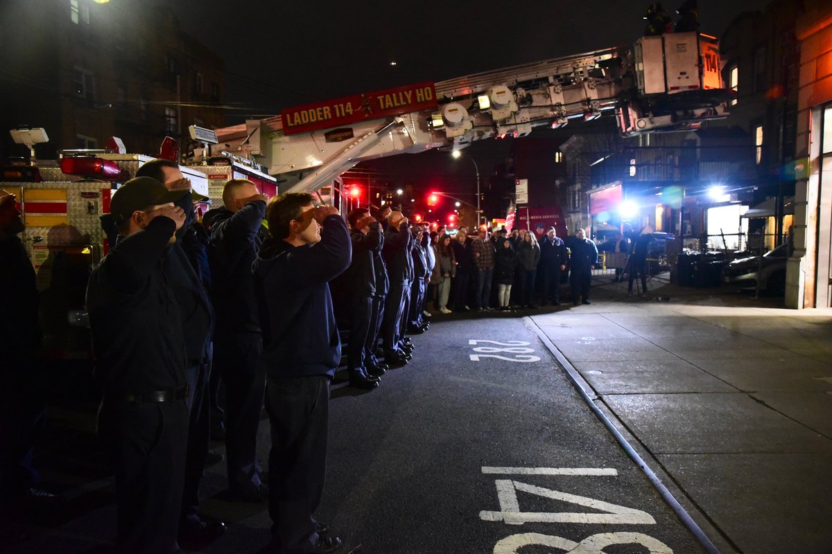 FDNY's tweet photo. FDNY Firefighters drape purple and black bunting on the exterior of FDNY #Engine282 and #Ladder148 where Lieutenant Joseph Maiello served as a Firefighter before being promoted in February of last year. Read more: https://t.co/ErKeGCzzSA https://t.co/JvUO9C9gCr
