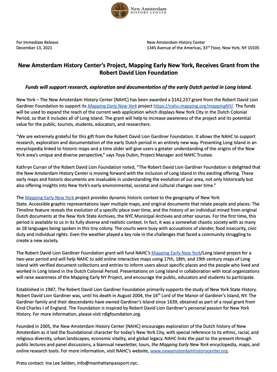 The New Amsterdam History Center is pleased to announce they have been awarded a $142,237 grant from the Robert David Lion Gardiner Foundation to support its Mapping Early New York project nahc-mapping.org/mappingNY/ For more information please see the press release below. #NYhistory
