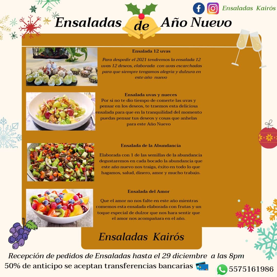 Ensaladaskairos's tweet photo. 🥗 Ensaladas tematicas para recibir este Año Nuevo 🥗🍾🥂

• Ensalada 12 uvas 
• Ensalada Uvas (Por si no alcanzaste  a comerte las uvas y pedir tus deseos)
• Ensalada de la Abundancia
• Ensalada del Amor
• Ensalada familiar 
@LaGuerreroDF #ensaladas https://t.co/sD8daf8AKM