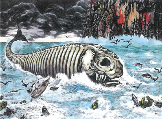 Yōkai illustrations by Shigeru Mizuki.
Gashadokuro / Umibōzu
Bakekujira / Yamatano Orochi 