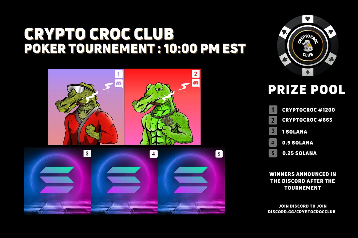 Crypto Croc Club Poker Night 😎

To Be Entered you must:

1⃣ Like, Follow, Retweet 🥰
2⃣ Tag 3 Friends
3⃣ Join the Discord: discord.gg/cryptocrocclub

In honor of our ongoing MINT we are giving away Crocs!!

#NFTCommunity #NFTGiveaway #Solana #pokeronline