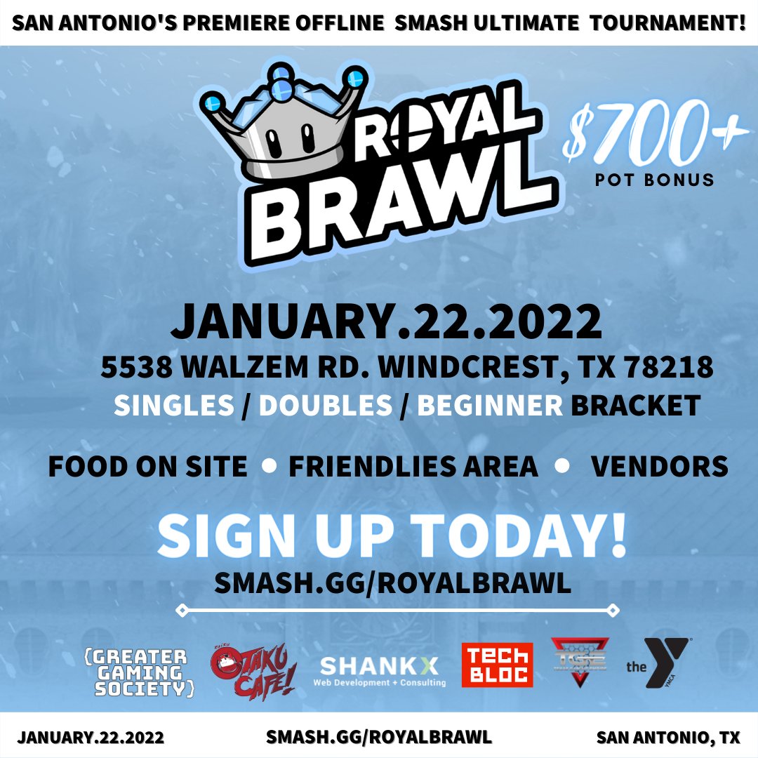 Royal Brawl is NEXT MONTH on January 22nd! We have a food vendor on site, cool local vendors and businesses, and a dedicated friendlies area!

This is going to be a really fun event! Don't forget to sign up before Jan 15th!