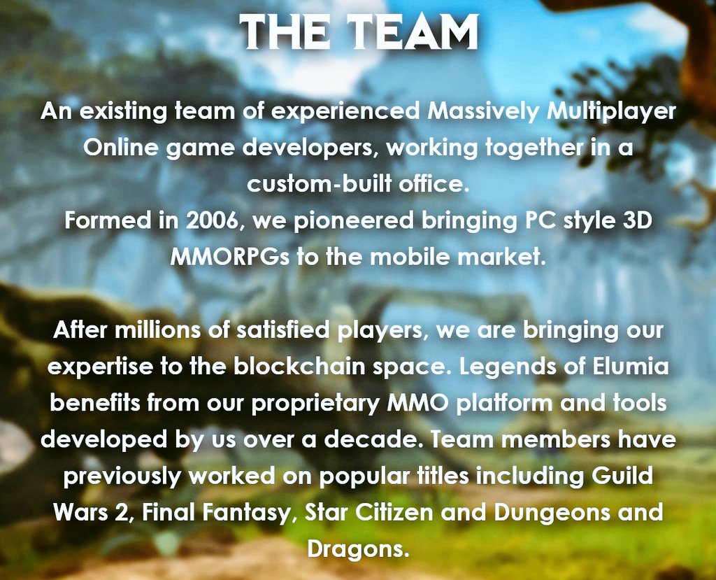TGKThunders's tweet photo. What's best about @PlayElumia ?

It's their team of 40 people who have vast experience in gaming fields, and is built by leveraging the tools from their proprietary MMO Platforms built over a decade.

Prior games had tens of millions dollars in revenue with millions of players. https://t.co/6kMcNnDv2K