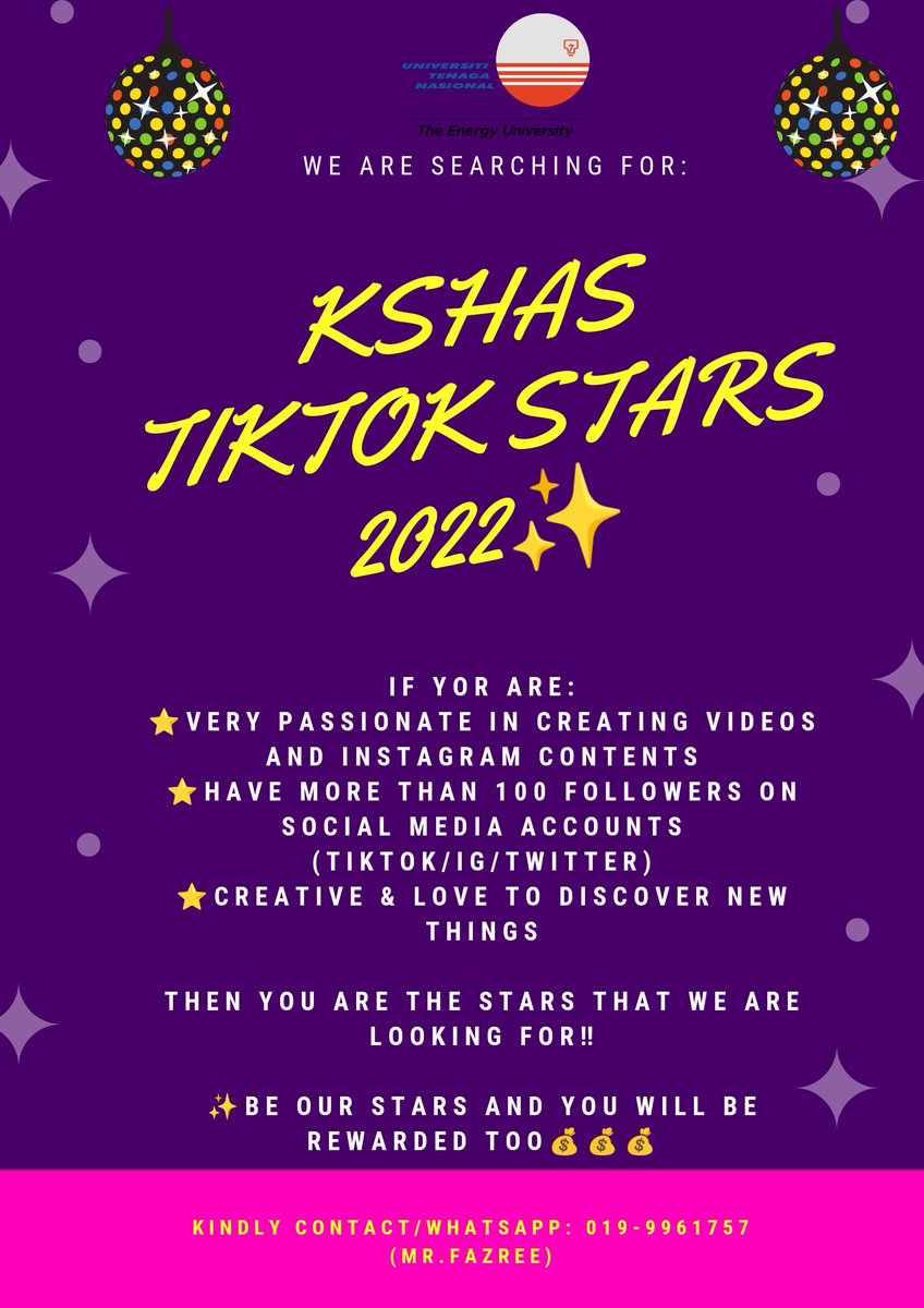 UnitenK's tweet image. KSHAS TIKTOK STARS 2022⭐⭐

Attention to all students‼️📢📢📢
We are searching for the new Tiktokers of UNITEN KSHAS✨

For more information, kindly contact/Whatsapp:
019-9961757 (Mr.Fazree)