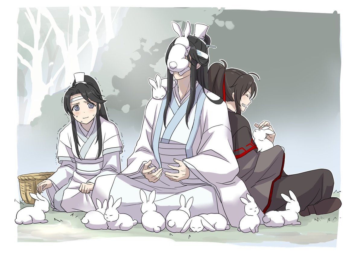 rabbit white headband multiple boys sitting black hair chinese clothes long hair  illustration images