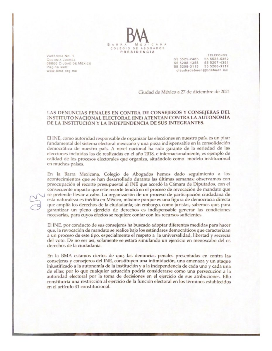 BMA_Abogados's tweet photo. En @BMA_Abogados consideramos que las denuncias en contra de consejeros(as) de @INEMexico son un atentado a la autonomía del organismo y la independencia de sus integrantes. Condenamos el uso de la justicia penal para amenazar a miembros de instituciones del Estado mexicano. https://t.co/aBeKXHHDUU