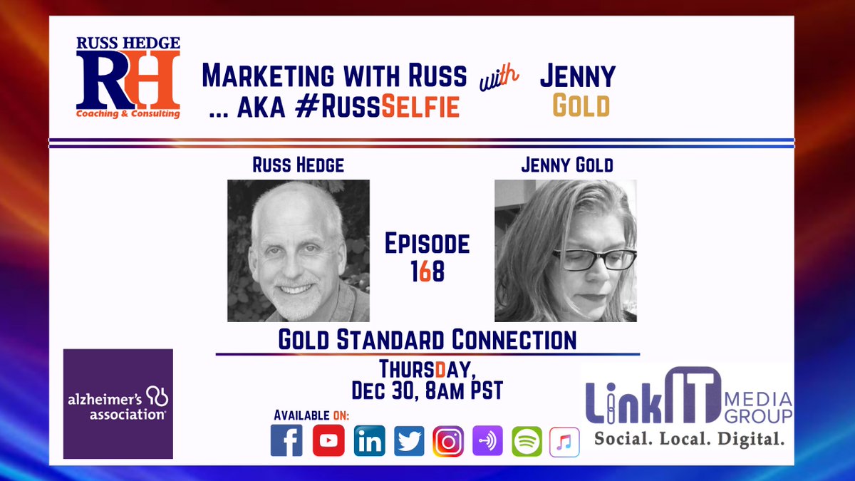 Join me & my guest Jenny Gold for an engaging discussion! Jenny is Founder and Owner, Jenny's Gold Standard which focuses on the Health & Wellness industry. 

This Thursday, 30th December, 8am PST on Marketing with Russ…aka #RussSelfie

Live on:
Li: https://t.co/tJzdLb4Xhe https://t.co/BWijgzNP1e