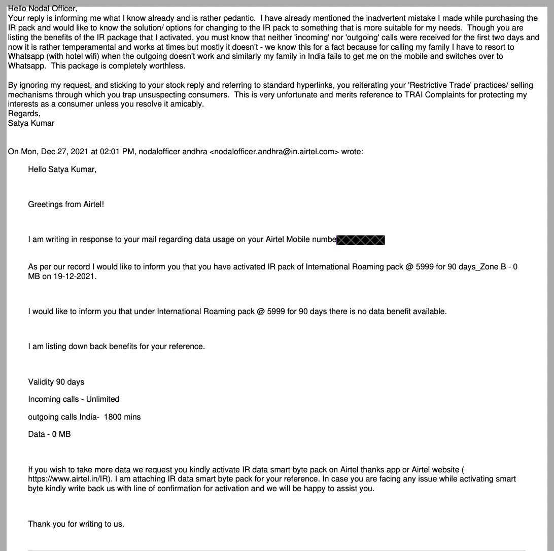 DVSatyaKumar's tweet photo. @Airtel_Presence @airtelindia @airtelnews @airtelbank if you care about customers, don't give stock replies and try to address the concerns in my email directly with empathy https://t.co/LrXuwW6a7m
