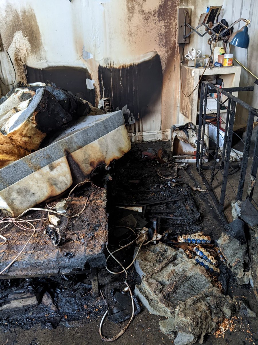 AMRhoades's tweet photo. My bedroom burned to a crisp this morning. 

So I have no clothes here with me…

And now I have no clothes waiting at home for me, either. 

REALLY going to need @AmericanAir to come through here. https://t.co/jL91TB6CiN