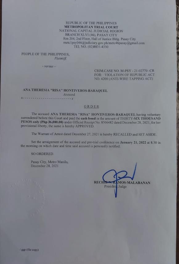 smninews's tweet photo. LOOK: Senator Risa Hontiveros to post bail in the wiretapping case against her. | via @MargotGonzalesQ https://t.co/xKcFz9kBGu