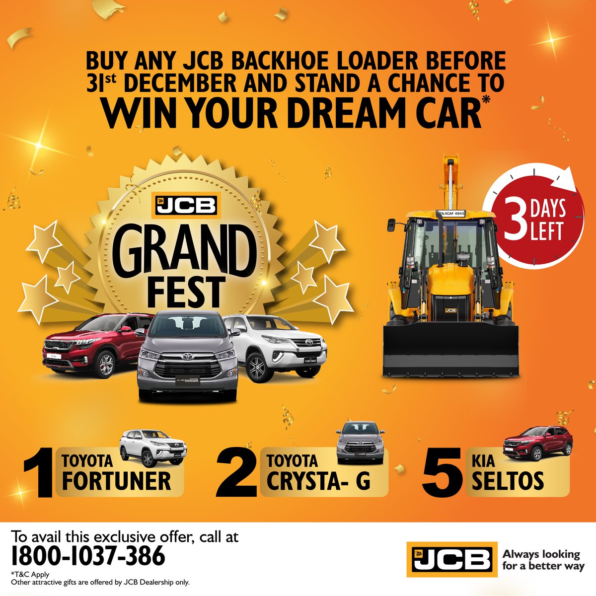JCBIndiaLtd's tweet photo. Your dream car is right around the corner. Don't miss out on this incredible opportunity.
#DreamsComeTrue #JCB #JCBBackhoeLoaders #JCBBackhoe #WinYourDreamCar #JCBGrandFest
*T&C apply
Offer valid till 31st Dec. only https://t.co/gEuXuMPgKS