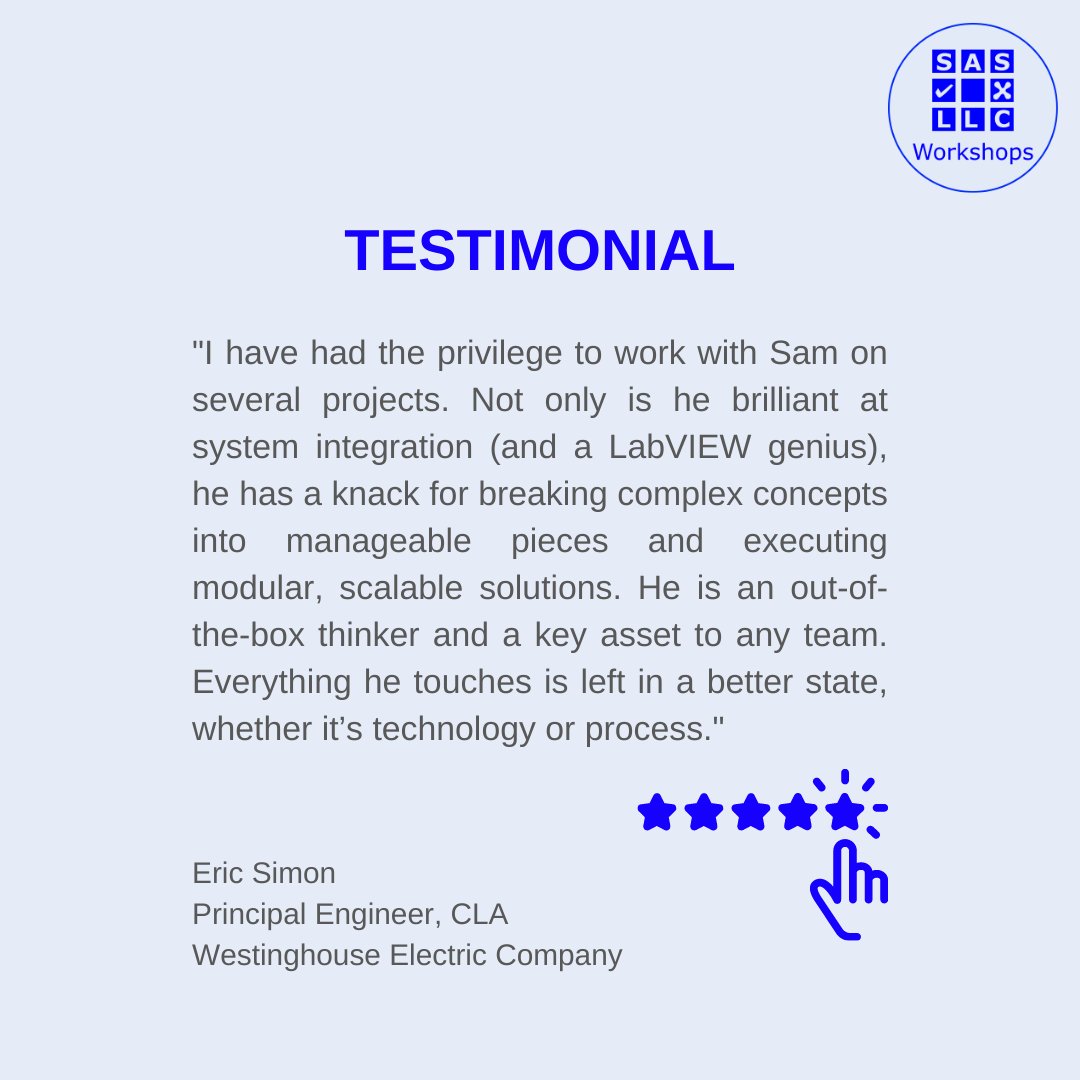 sasworkshops's tweet photo. Helping clients with complex problems is our specialty.
#testemonial #SASWorkshops #coding #LabVIEW https://t.co/zgctnVel79