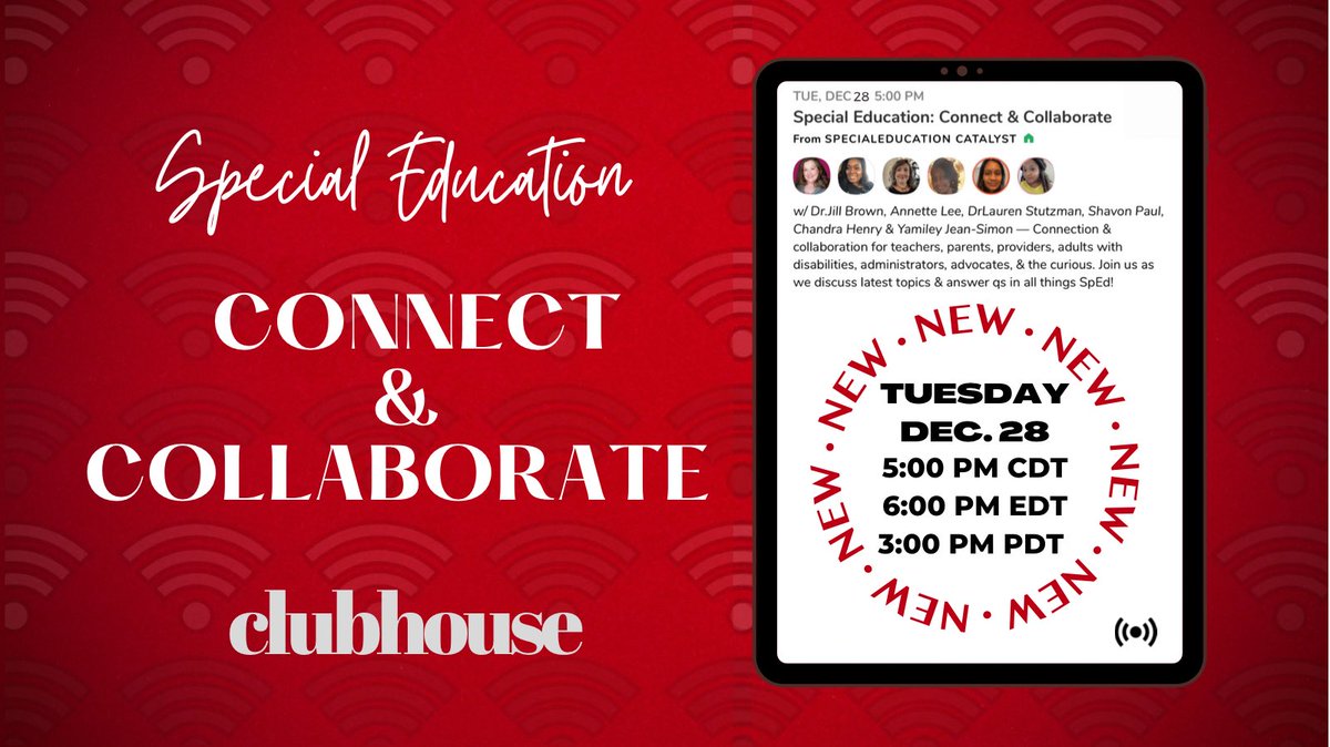 I'm discussing “Special Education: Connect &amp; Collaborate” with <a href="/Annettelee05/">Annette Lee</a>, <a href="/drlstutzman/">Dr. Lauren Stutzman</a>, Shavon Paul, <a href="/chandravhenry/">Chandra Henry</a> , @Liberte_consult, and SpecialEducation Catalyst. Tomorrow, Dec 28 at 5:00 PM CST in @clubhouse. Join us! clubhouse.com/event/P9DGy3QQ