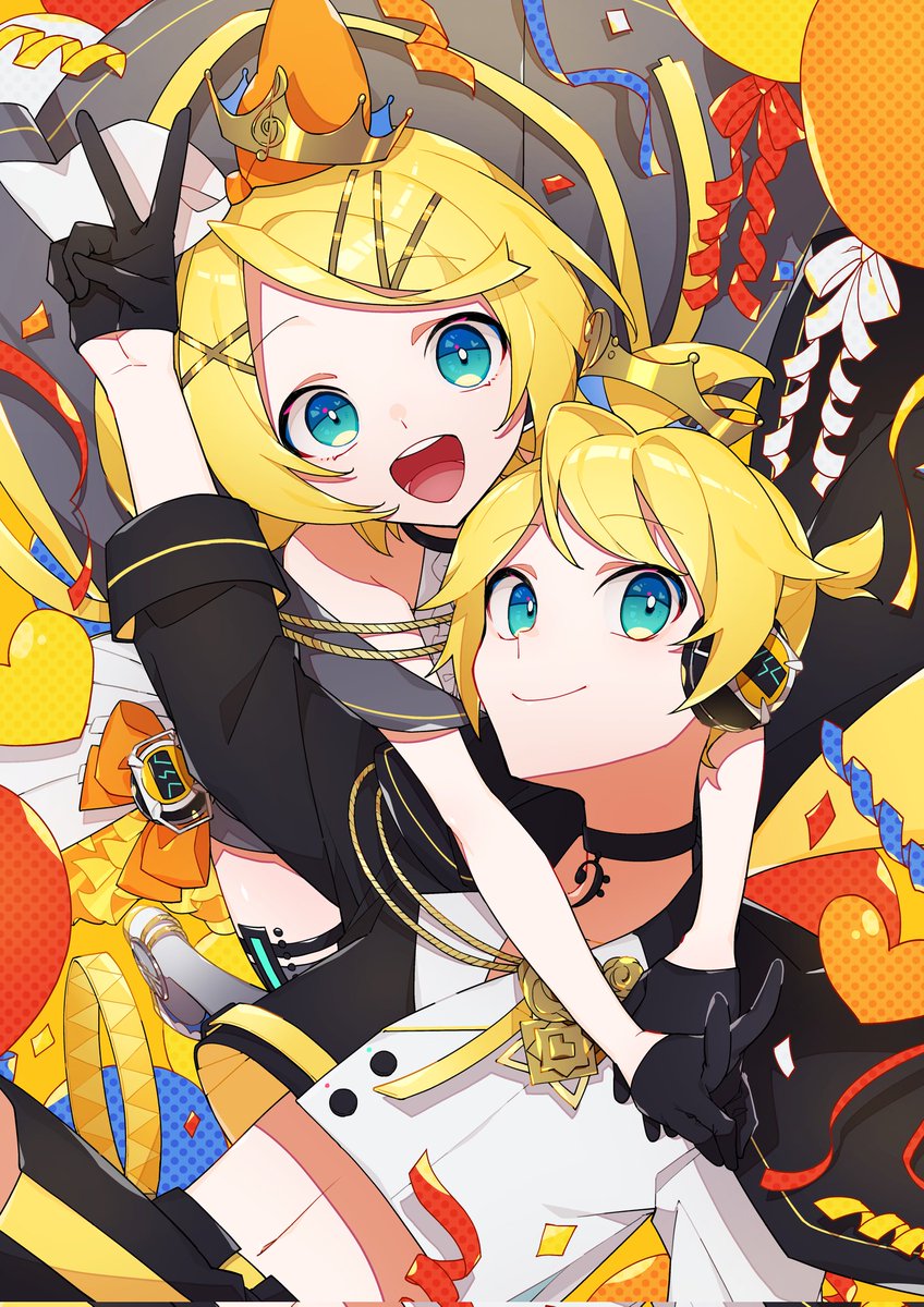 kagamine len ,kagamine rin 1girl blonde hair 1boy smile gloves crown confetti  illustration images