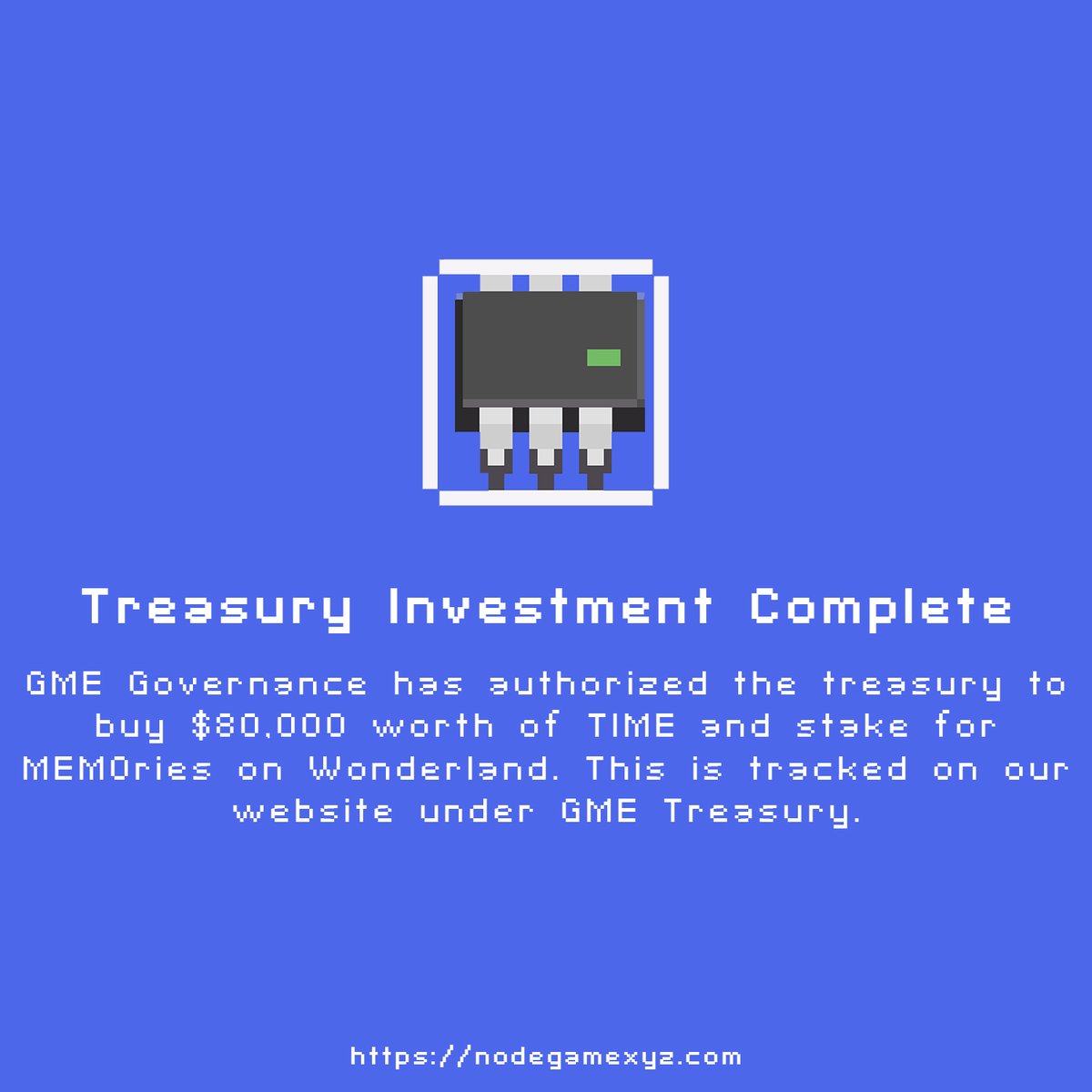 NodeGameAVAX's tweet image. Congratulations Players!

GME Governance authorized the purchase and staking of $80,000 $TIME for $MEMO on @Wonderland_fi. We are creating sustainable yield for the #NodeGame.

We are nearing the launch of marketing!

Earn average of 3% daily on $MIM: app.nodegamexyz.com