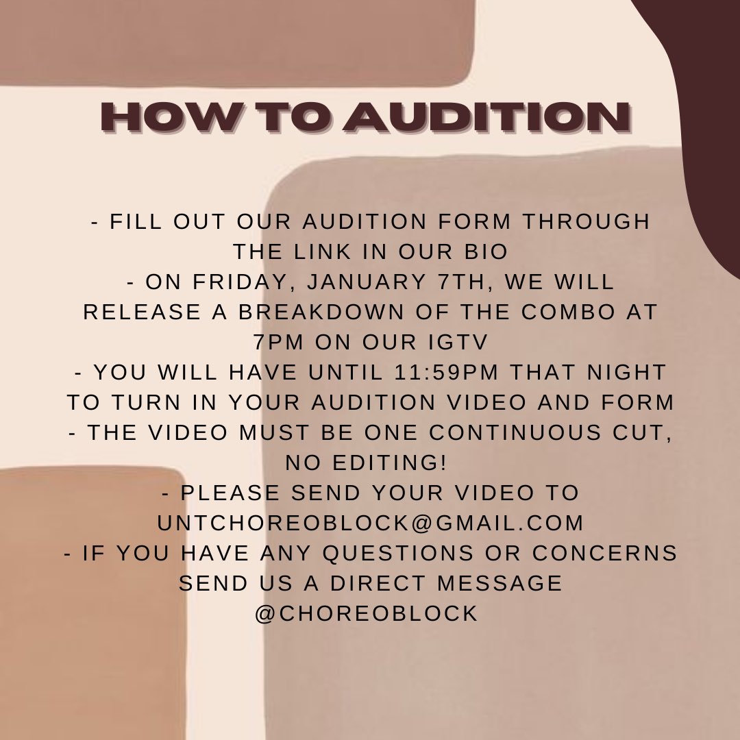 UNTChoreoblock's tweet photo. Calling all college students 🗣 

Audition Information: 

• All levels of dancers are welcome 
• Complete the audition form in our bio prior to auditioning 

Please DM us if you have any questions. https://t.co/EBRFDbPqav