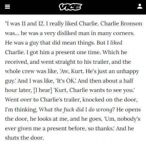 JFrankensteiner's tweet photo. This story of a 12 year old Kurt Russell charming the black heart of Charles Bronson with a gift is really beautiful 

https://t.co/CbF7kDvTHy https://t.co/ML40E17XOY