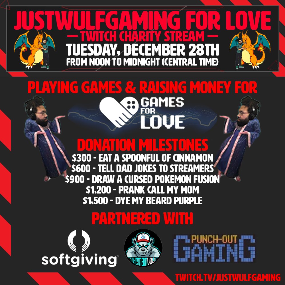 JustWulf's tweet photo. My first ever charity stream is going down this Tuesday &amp; we're raising money for @GamesForLoveorg!!! Please spread the word &amp; come hang out with us if you're free ❤️ BIG shout-out to our partners @softgiving @themainvoli &amp; @PunchOutGaming for the help on some special surprises! https://t.co/SbgxgJuEOT