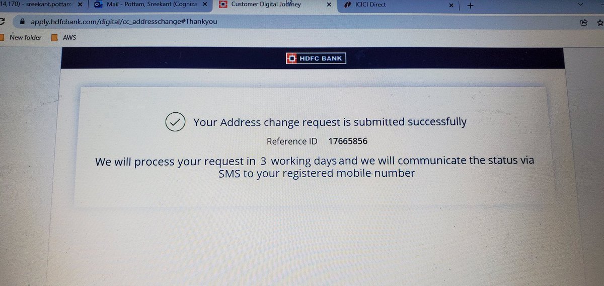 ChikaSree's tweet photo. @HDFCBank_Cares Please let me if the request # 17665856 is good to be accepted. I downloaded my e-aadhar on 26 Dec 2021 and uploaded as my address proof https://t.co/GCY8Q6jnOn